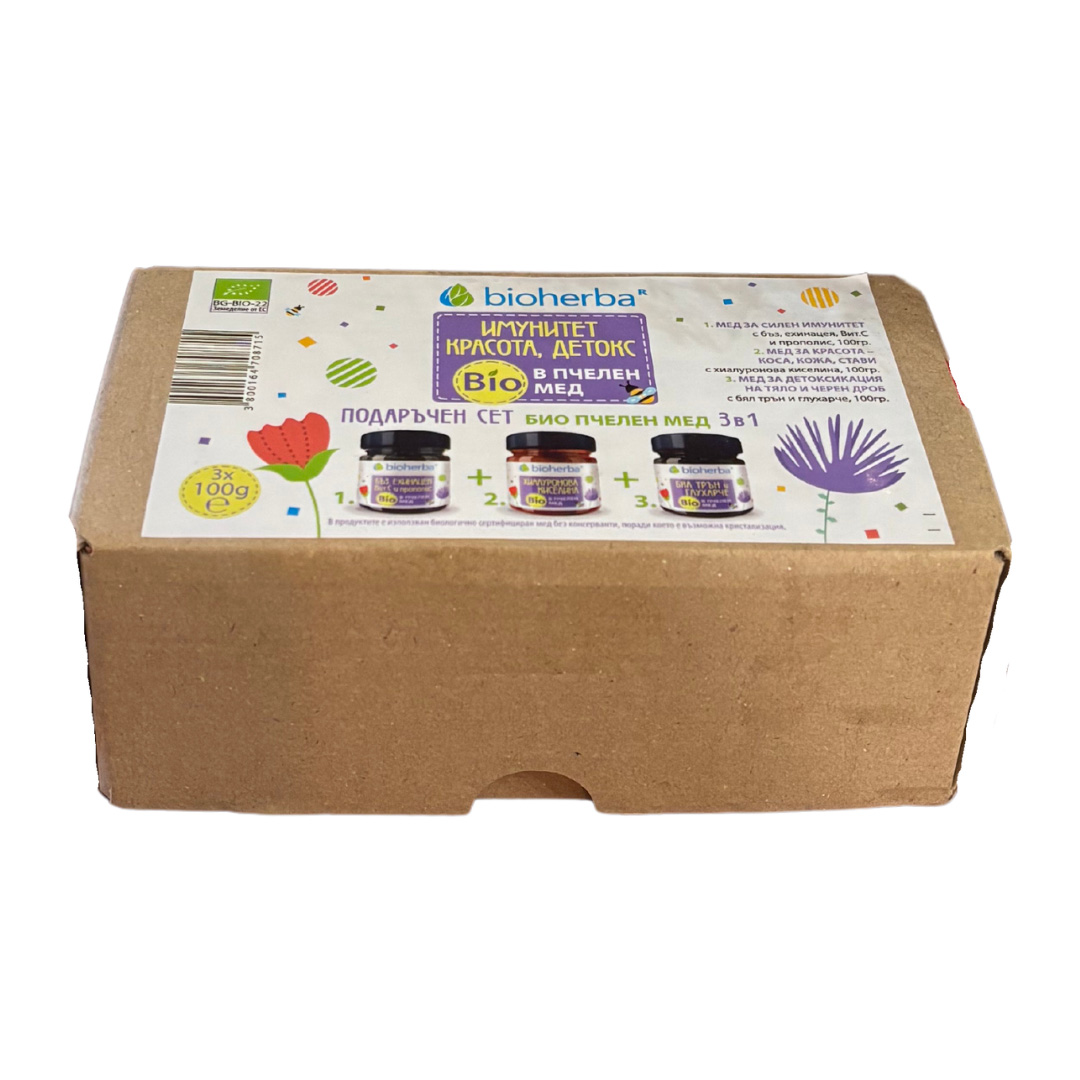 Биохерба ИМУНО, КРАСОТА, ДЕТОКС Подаръчен сет мед 3 х 100гр.