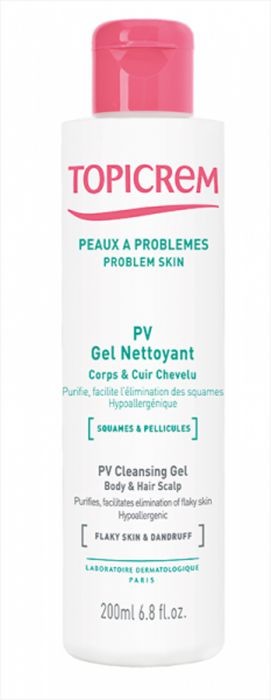 ТОПИКРЕМ ПОЧИСТВАЩ ГЕЛ ЗА КОСА И ТЯЛО ПРИ ПЪРХОТ И СУХА КОЖА СЪС СЪРБЕЖ 200 МЛ.