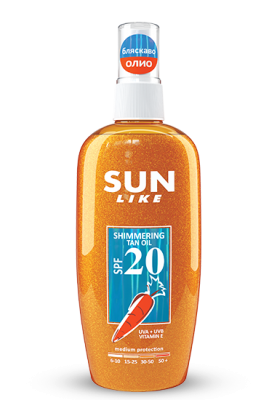 SunLike Слънцезащитно спрей-масло с блестящи частици SPF20 150мл